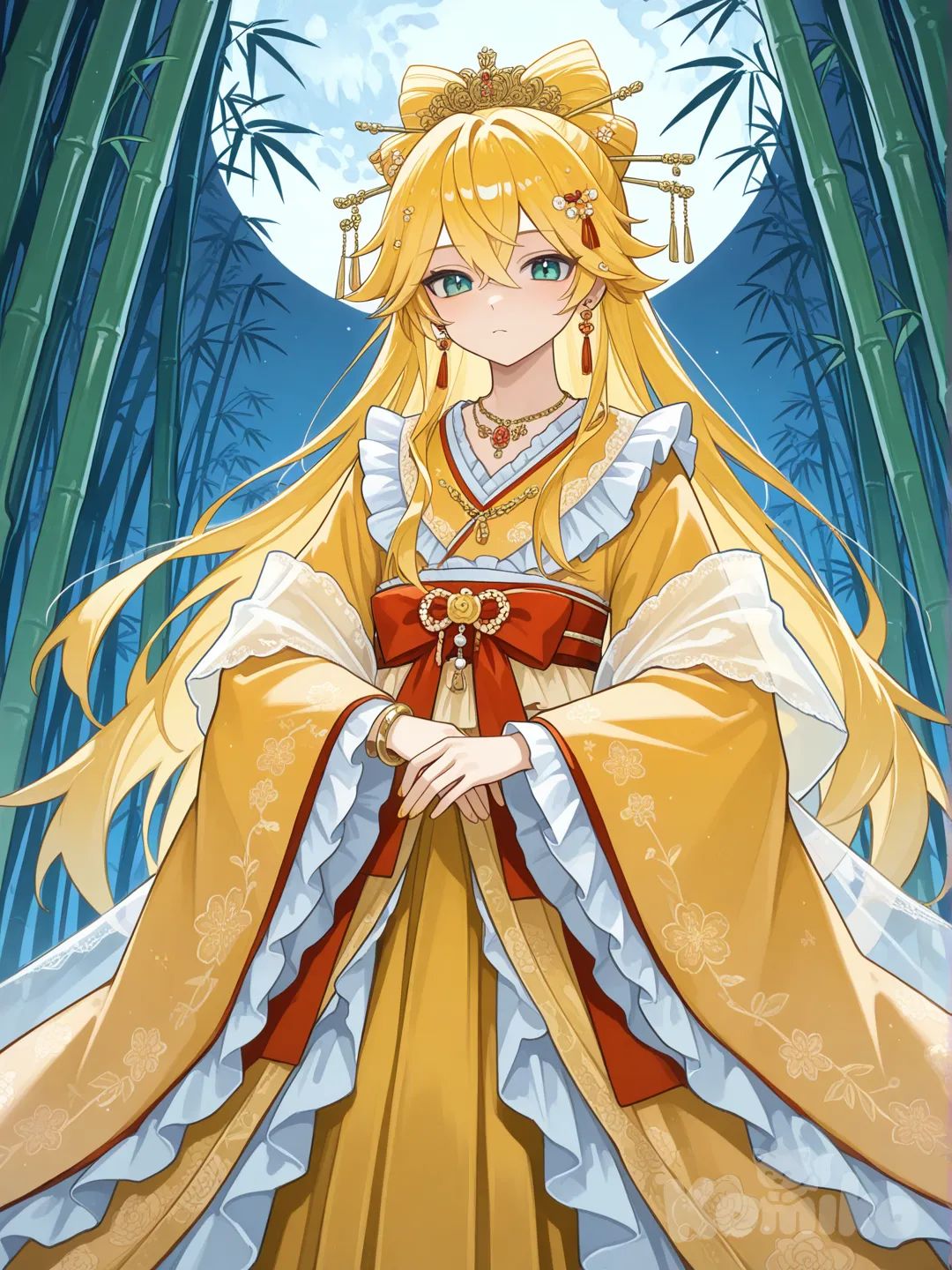 @Kagamine_Len掉進竹取公主的故事裡變成竹取公主，ruffles, hair accessory, earrings, neckbracelet