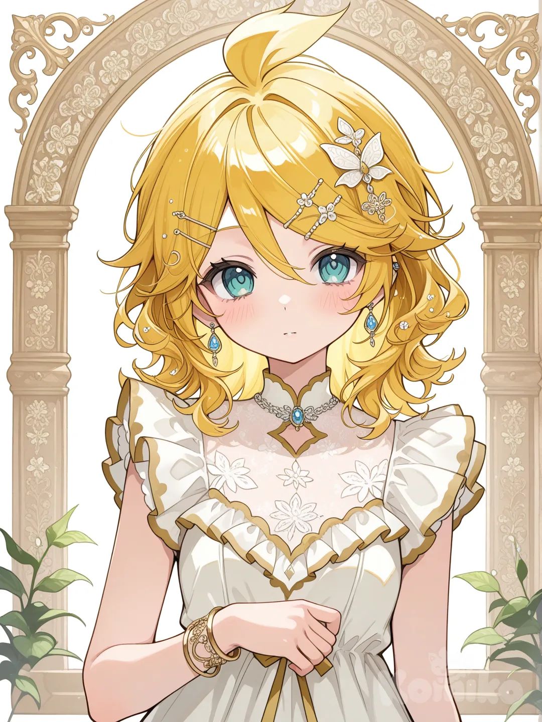 @Kagamine_Len掉進仲夏夜之夢的故事裡變成女主角赫米亞,頭髮變成中長捲髮 ，ruffles, lace, hair accessory, earrings, bracelet