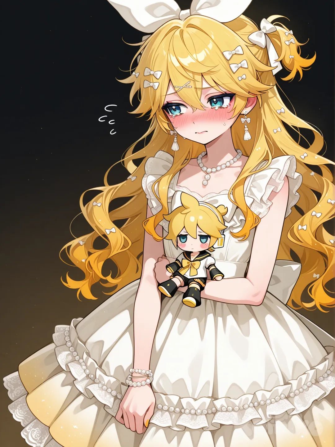 @Kagamine_Len被當成洋娃娃裝扮，服裝是如同洋娃娃一樣的洋裝，頭髮變成自然捲長髮，被化妝，覺得羞恥到不行, ruffles, lace, hair accessory, bow, earrings, necklace, bracelet, pearls, jewelry, gradient