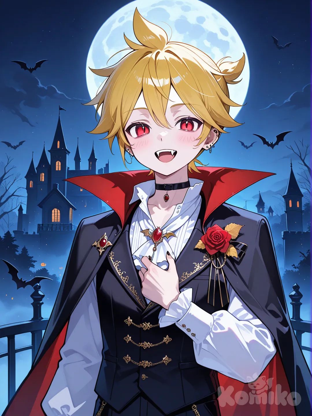 @Kagamine_Len萬聖節扮成吸血鬼伯爵, tuxedo, corsage, choker, jewelry, night, castle