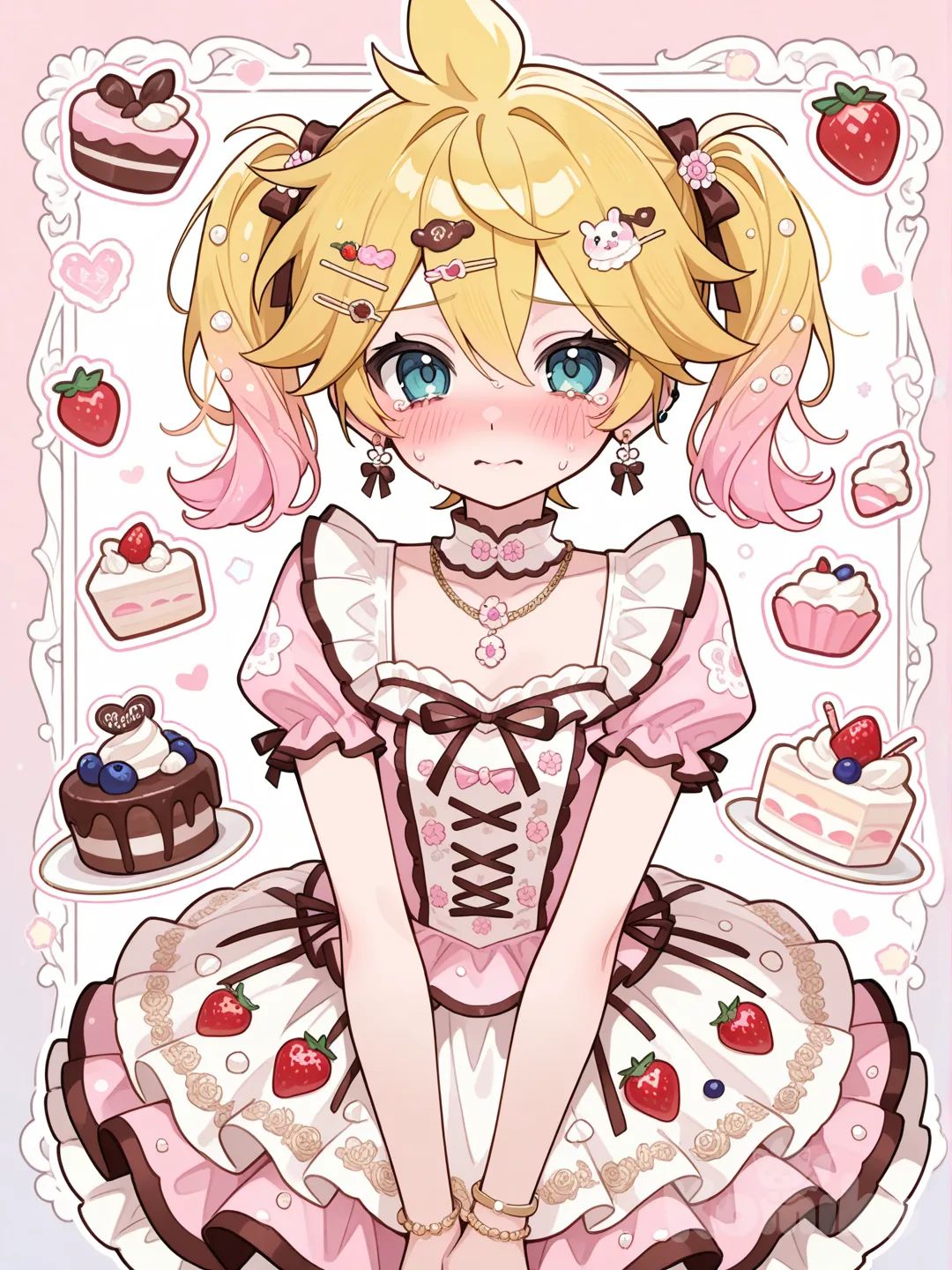 @Kagamine_Len穿蛋糕風格的洋裝，服裝的款式是蛋糕裙，服裝的顏色是蛋糕色系，服裝上的裝飾以巧克力、鮮奶油,以及各種水果為主，羞恥到不行, ruffles, lace, earrings, necklace, bracelet, jewelry, hairpin, hair accessory, twin tails, gradient