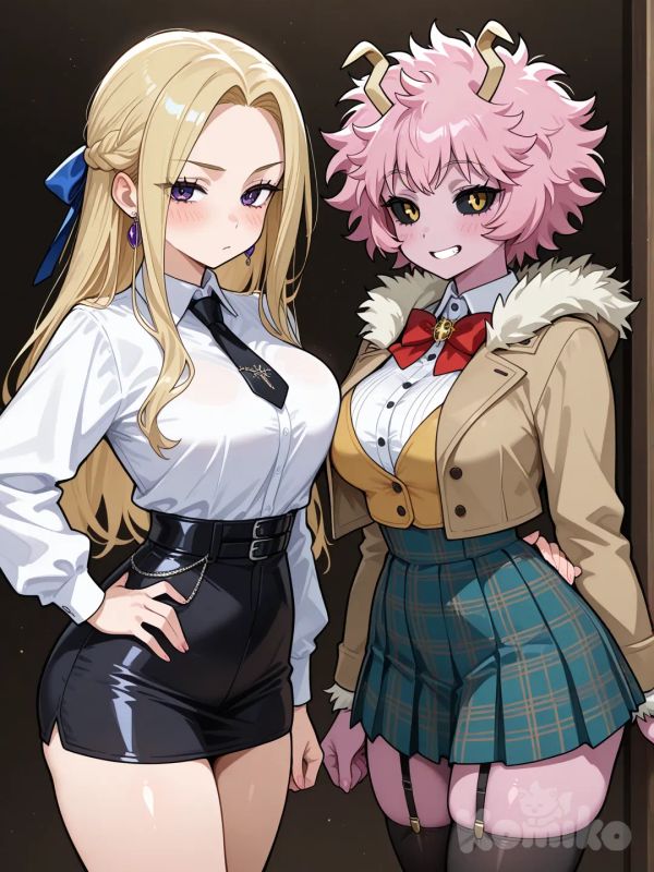 @Ashido_Mina, usa una falda costa de negro, y una blusa roja manga larga, con sapatillas negra en el salón de clases.