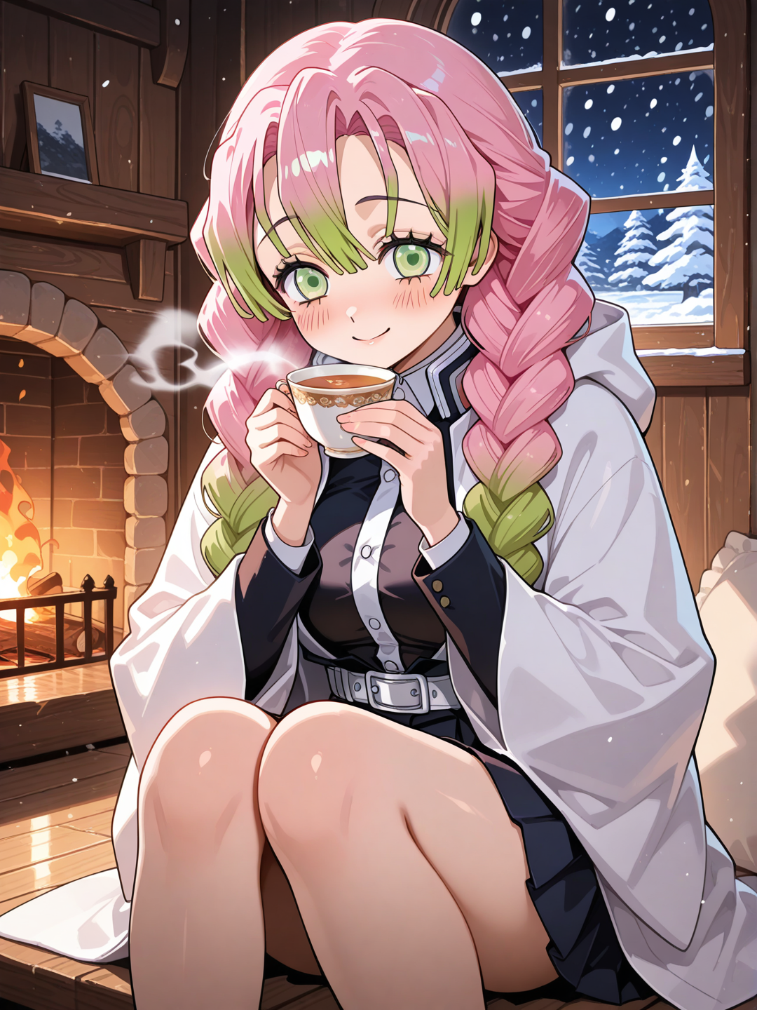 @Kanroji_Mitsuri, sentada tomando el te junto a una fogata que la esta calentando dentro de una cabaña, mientas Nevá afuera.