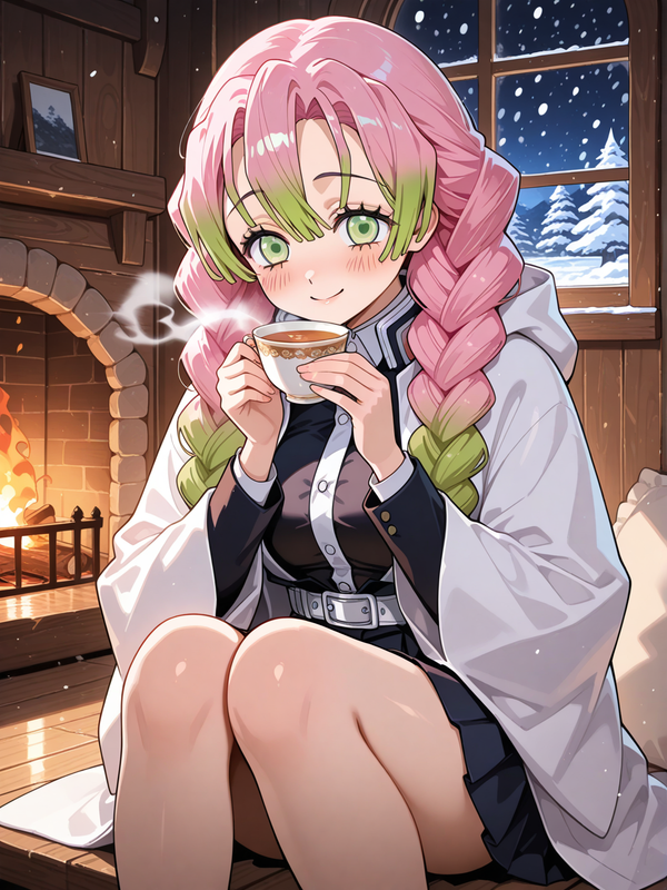 @Kanroji_Mitsuri, sentada tomando el te junto a una fogata que la esta calentando dentro de una cabaña, mientas Nevá afuera.