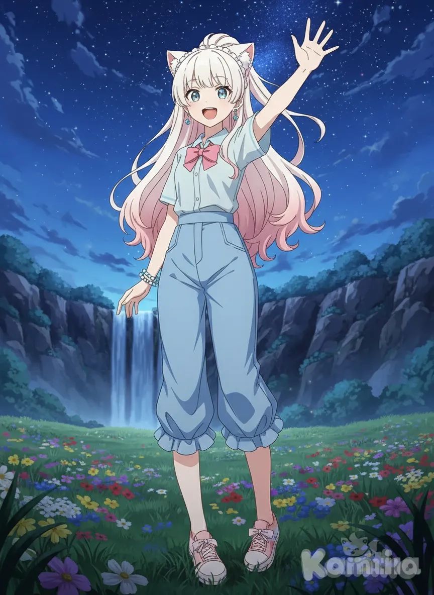 <yumi-ichikawa-1xp7>, kawaii, Genshin Impact, anime coloring, waving, smile, polo shirt, pleated skirt, capri pants, ruffles, headband, earrings, bracelet, cat ears, fluffy curls, straight bangs, high ponytail, ivory white, full body, panoramic lens, ultra-, from below, front profile photo, ambient light, twilight, side light, top light, blue sky, grassland, garden, waterfall, flower field, starry sky