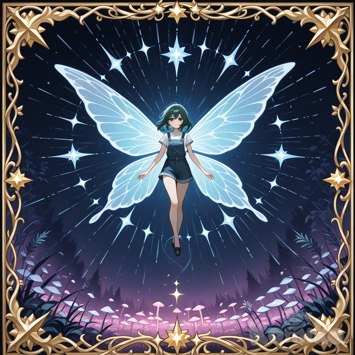 Fairy in sky with stars and field of mushrooms