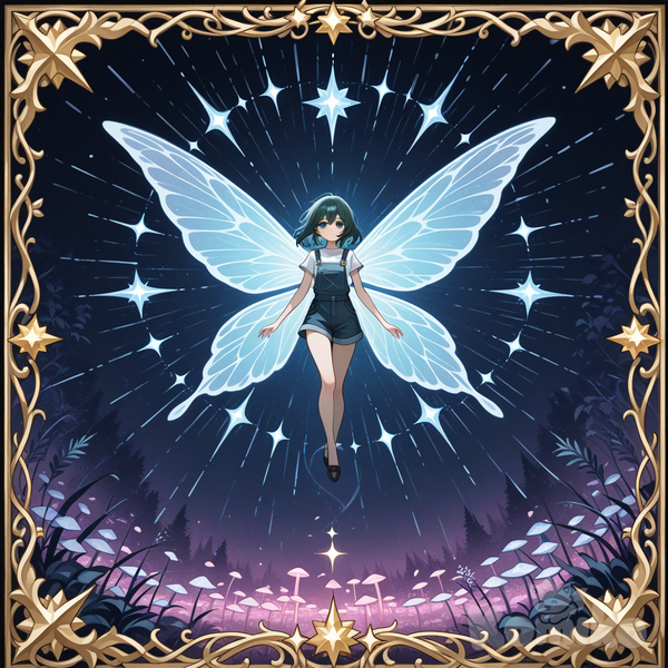 Fairy in sky with stars and field of mushrooms