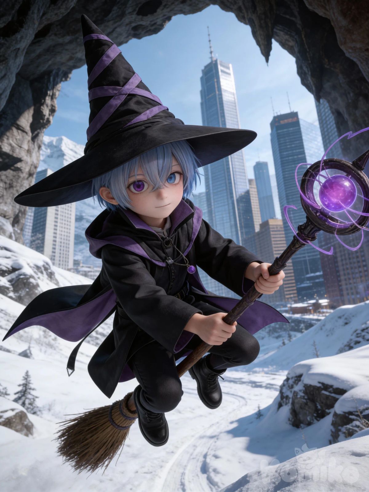 @kael-vortex-4DMc,Hd,3d,1boy, hyper realism man, hyper realistic skin texture, upper body, portrait,Ride a broomstick, dinamic pose, perspective pose shoot, snowy, skyscraper, cave