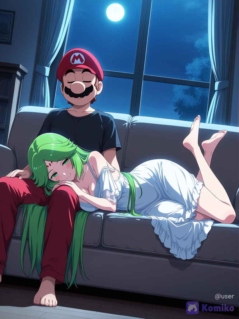 Mario y Palutena relajandose en el sofa. antes de ir a dormir