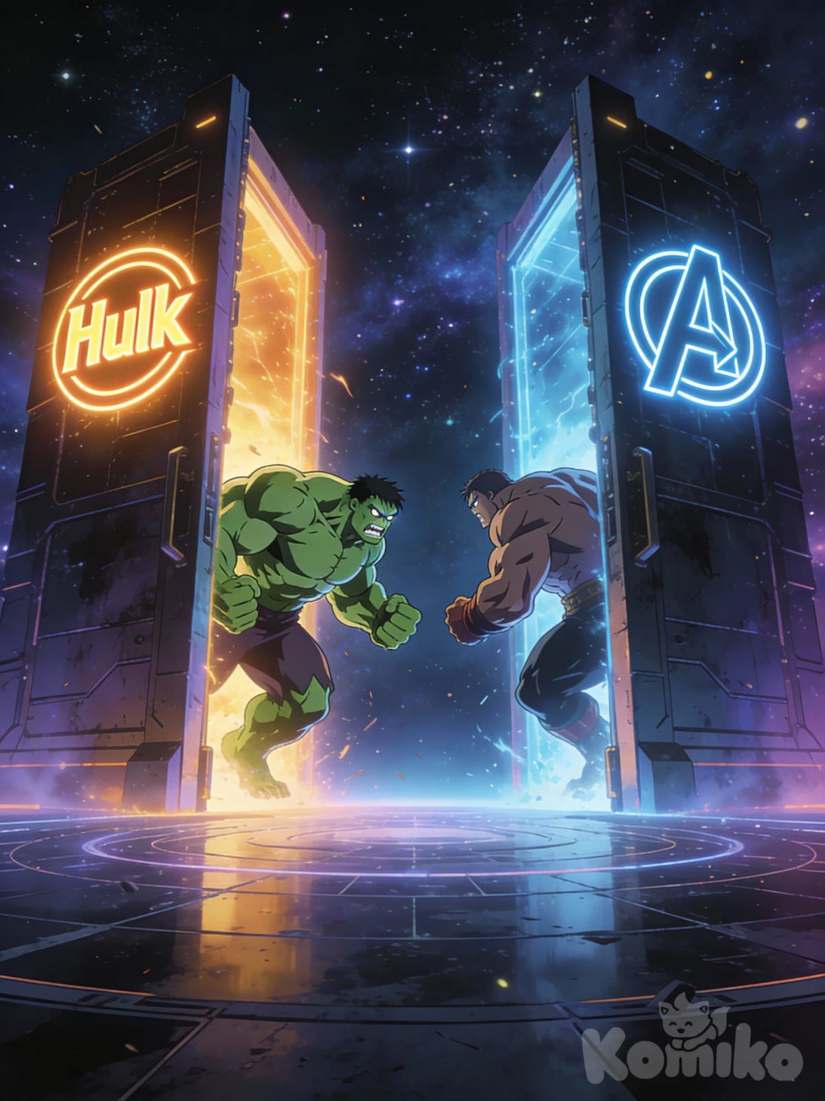 Plano amplo da arena colossal, ainda flutuando no vazio cósmico.
Duas portas surgem em lados opostos da arena, cada uma marcada com símbolos que representam os combatentes.
Porta à esquerda: o símbolo de Hulk brilha, e lentamente a porta se abre.
Hulk aparece, gigantesco, músculos tensionados, pronto para a batalha.