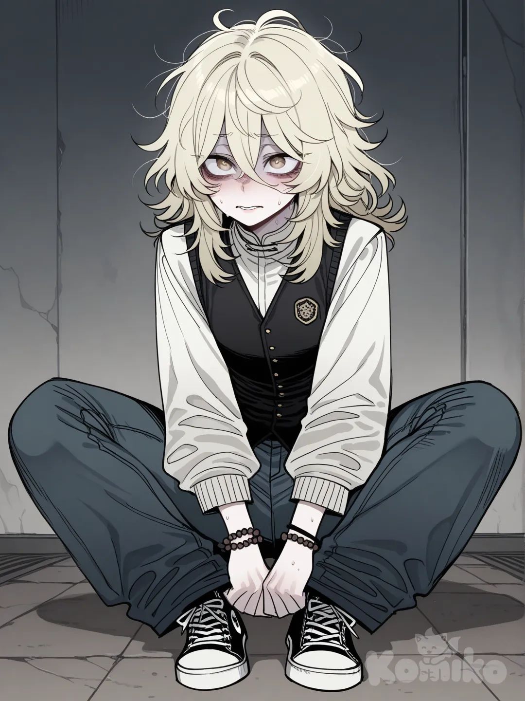 In ratatat74 art style: 
She has very pale skin, giving her a soft, almost porcelain-like appearance. Her hazel eyes are expressive and slightly wide, carrying a mix of nervousness and vulnerability. They stand out clearly against her light complexion. Her blonde hair is light in tone and somewhat tousled, cut in uneven layers that frame her face and fall just past her shoulders, with a natural, slightly messy softness.
Her facial features are delicate: a small nose, gentle lips, and subtle eyebrows that enhance her anxious, tender expression. There is a faint sheen of sweat and tension in her face, reinforcing a sense of emotional intensity.


She wears a simple outfit consisting of a white long-sleeved shirt with loose cuffs and a dark sleeveless vest layered over it. The vest fits close to her torso and contrasts sharply with the light fabric beneath. Black baggy jeans and Converse sneakers