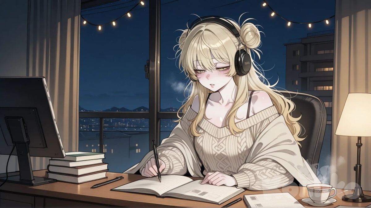In ratatat74 art style: Scene: Small apartment, night, @anastasia-KnuR softly singing to herself while studying. Fairy lights cast warm light.
Expression: Calm, content, slightly melancholic, eyes half-closed, lips moving softly.
Posture: Sitting cross-legged at a desk, pen in hand, notebook open. Shoulders relaxed but slightly slumped.
Clothing: Cozy sweater and sweatpants, hair loose, a faint messy bun.
Surroundings: Tea cup steaming, open notebooks, headphones nearby, soft blanket draped over chair.
Mood: Intimate, tender, quietly happy, but with lingering loneliness.