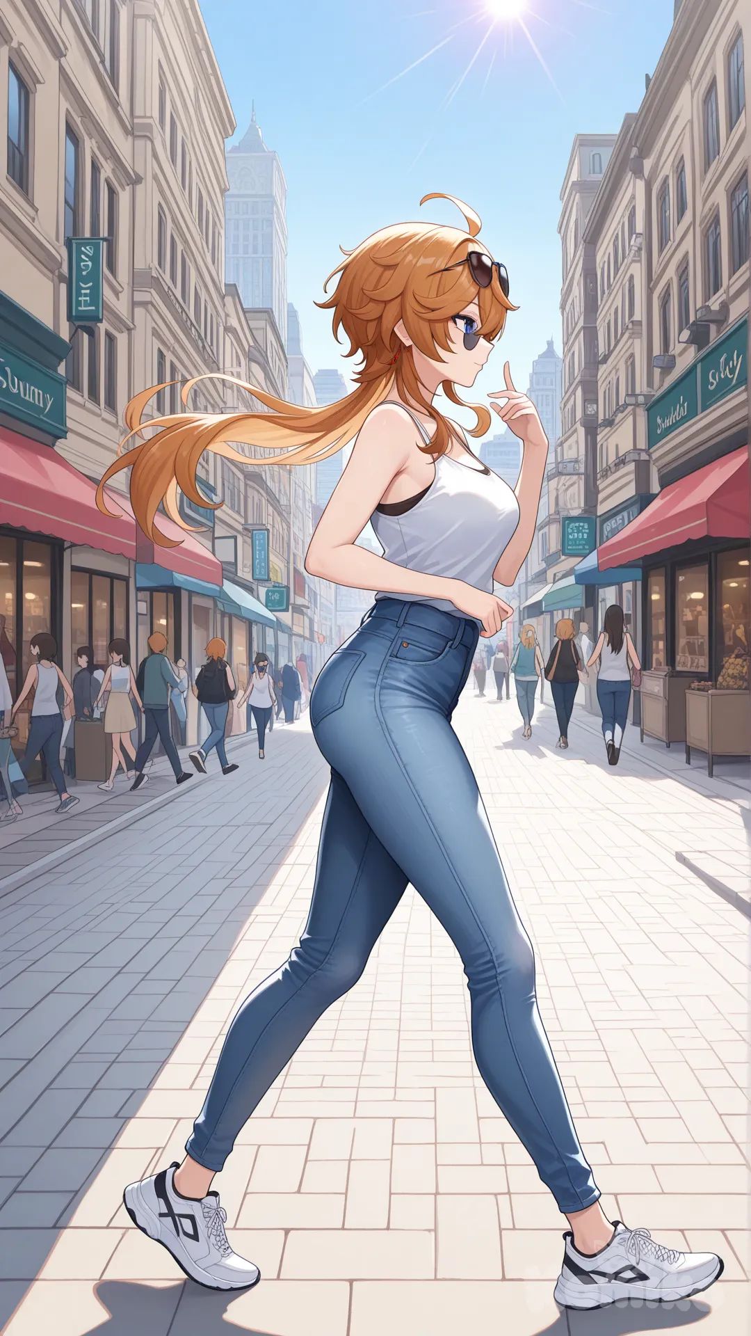 Tartaglia (Genshin Impact) as a woman big sister style

#sife view

#full body

#cool post

, white Thin tank top, jeans, running shoes, sun glasses

relax , Taking a stroll, walking on a sidewalk , on a sunnyday , in the shopping sreet in capital city.