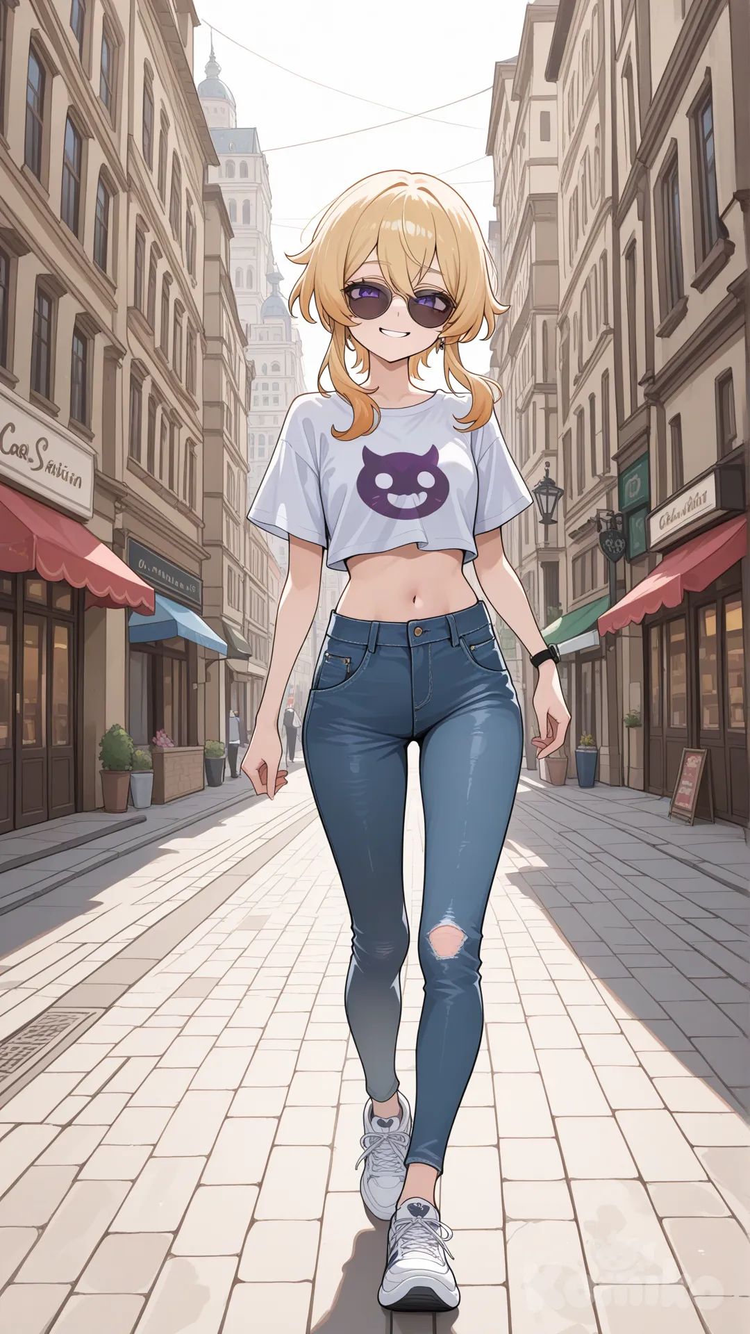 @lauma_(Genshin_Impact) cool big sister style

 #looking at viewer #up front view #upper body(Focus on the upper body, from the waist up.)

#cool post #funny

, A thin white crop top., jeans, running shoes, sun glasses

relax , Taking a stroll, walking on a sidewalk , on a sunnyday , in the shopping sreet in capital city.