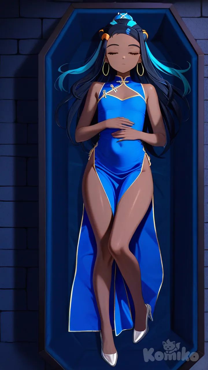 1girl, anime coloring, lie on stomache, china dress, straight bangs, charcoal black, full body, night, funeral lying in a straight position inside a coffin eyes closed hands clasping her stomach, rainy high heels, Nessa (Pokemon) brown skin