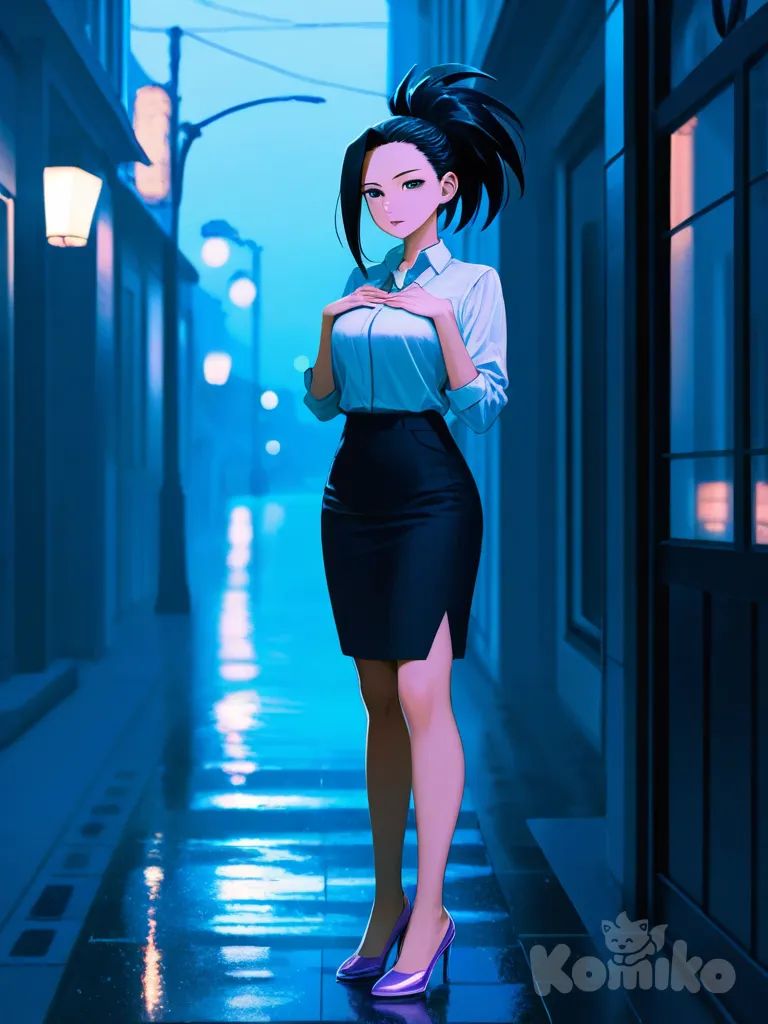 brown skin , light purple lips, hands on own chest, dreadlocks, open clevage office lady, light purple high heels , 1girl, full body, cinematic lighting, rainy, Yaoyorozu Momo