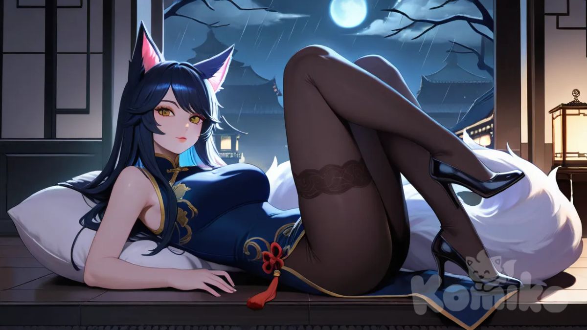 1girl, anime coloring, lie on stomache, china dress, Ahri (League Of Legends), straight bangs, charcoal black, full body, night, funeral lying inside a casket , rainy high heels