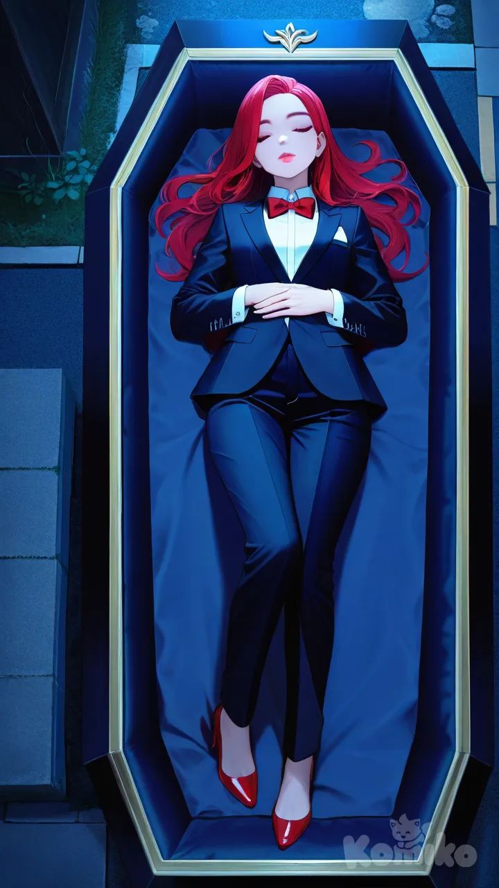 pink lips, hands on own stomach, wearing suit, red peep toe heels, full body, rainy, night, funeral lying in a straight position inside a coffin eyes closed hands clasping her stomach, Ahri (League Of Legends)