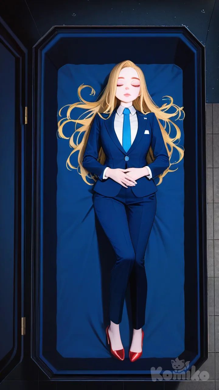 pink lips, hands on own stomach, wearing suit, red peep toe heels, full body, rainy, night, funeral lying in a straight position inside a coffin eyes closed hands clasping her stomach, 1girl, Ahri (League Of Legends)