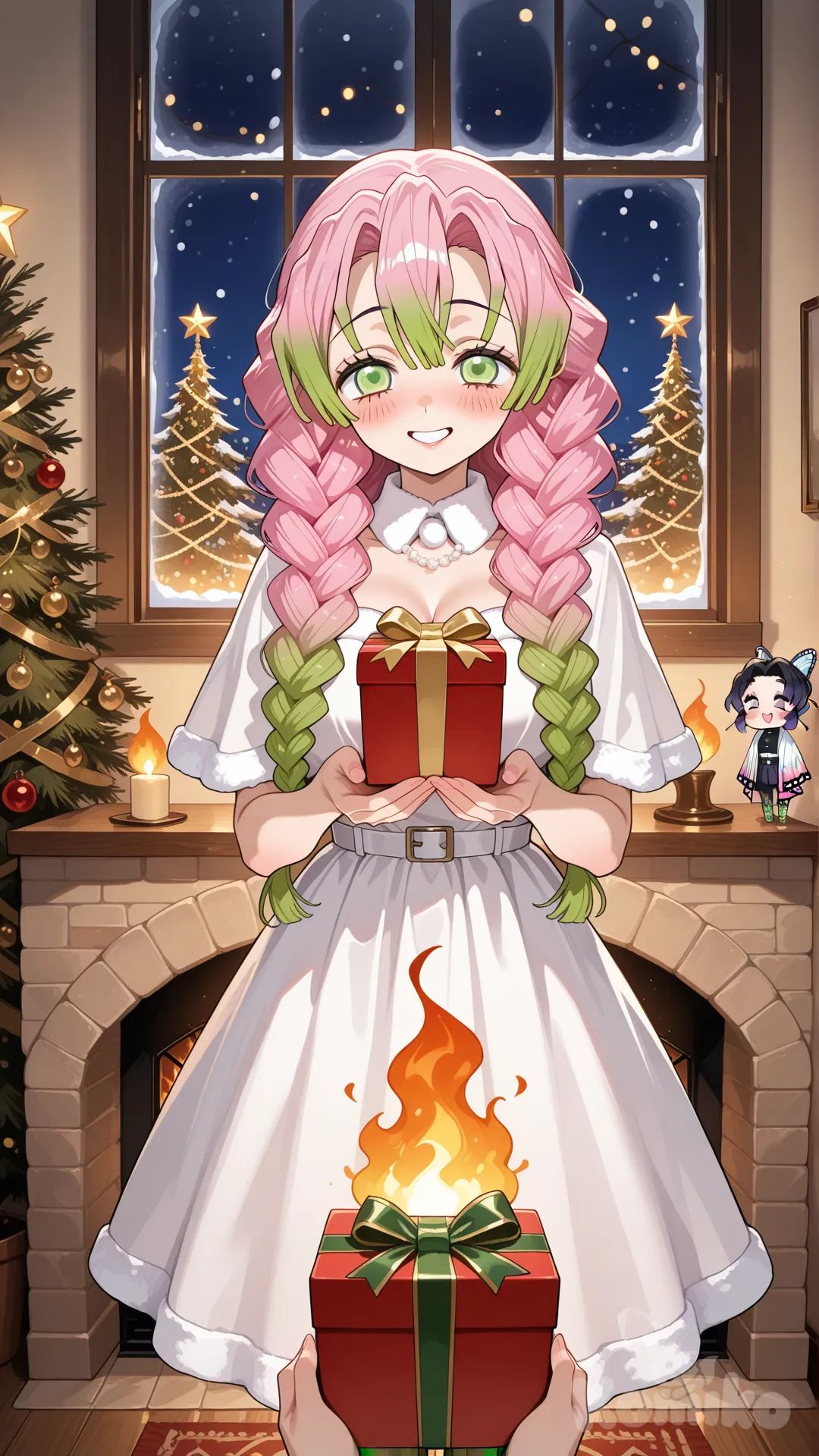 2girls, @Kanroji_Mitsuri, @Kochou_Shinobu,elegant christmas party dress, holding a small gift, standing by a beautifully decorated tree, warm fireplace glow, soft snow outside window, festive