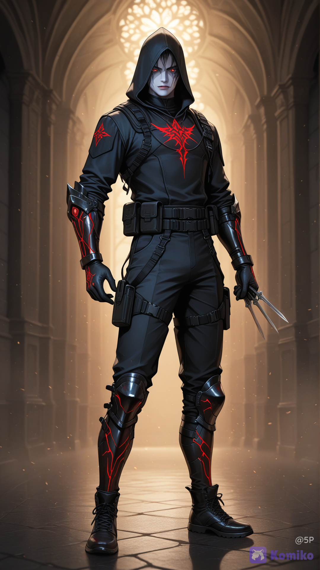 Oda Opt for sleekform-fitting tactical weave in midnight black with thinglowing red circuit lines running along the limbs. He chooses a full-head cowl with multi-spectral lenses (thermalnight visiondata link) and a utility belt packed with throwing knives and EMP charges. Role: The Strategist/Assassin Ultra realistic photorealisticcinematic lightingextremely ultra high resolution16K UHDFull HD qualityhyper skin texturerealistic poresultra realistic faceultra realistic eyesultra realistic hairrealistic human body proportionsnatural lightinglifelike shadowshighly facial featuressharp focuscrystal clear imagevivid colorscinematic atmosphererealistic depth of fieldrealistic reflectionsrealistic texturesprofessional photography qualityHDRno blurextremely sharp detailshighly skinrealistic eyelashesrealistic lipsrealistic hair strandsnatural expressionhighly full body portraitphoto-realistic qualitytrue-to-life appearanceultra clean image qualitypremium visual qualitystudio quality rendering. Faithful to the reference facepreserve facial identitynatural anatomyrealistic skin imperfectionsultra eyes and skinhighly realistic human texturerealistic lighting and shadowscinematic realismcompositionextremely high detailprofessional quality.