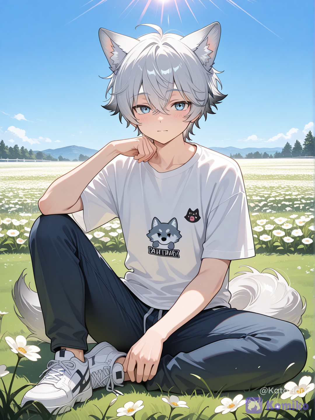  A wolf guy in a flower field.