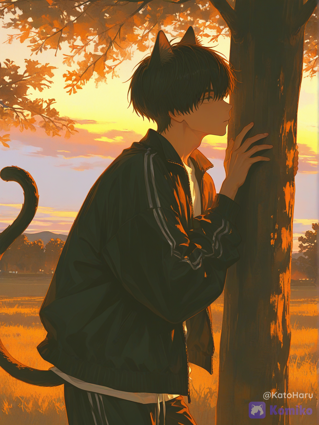 A lonely cat by the tree.