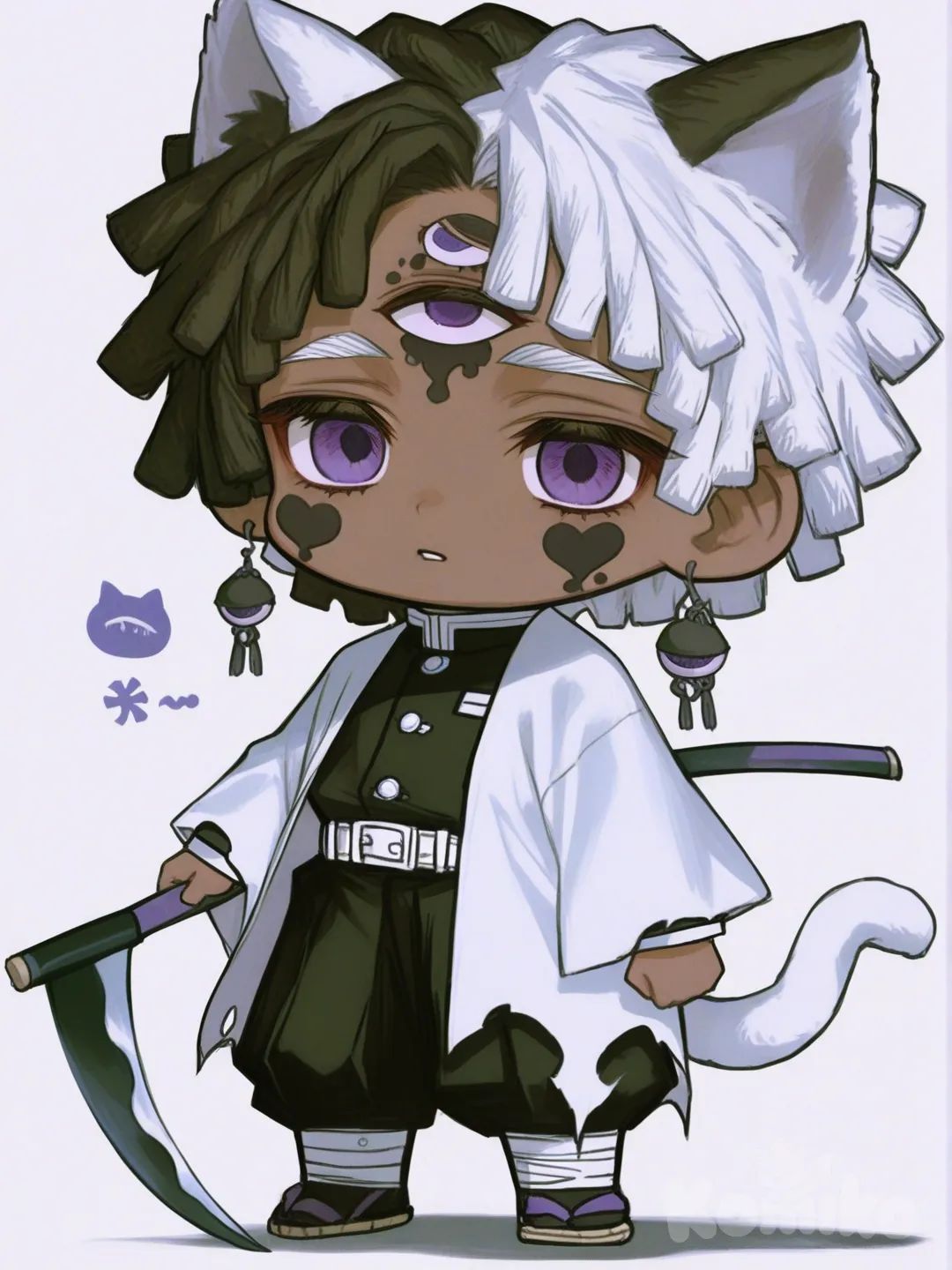 [semi-realistic-portrait-style] 1boy, teenager, short dreadlocks, split black and white hair, purple eyes, third eye tattoo, tan skin, demon slayer uniform, ghost suit, grim reaper scythe, wings, ghost cat ears, ghost earrings, chibi, single character, full body, looking at viewer, anime style, simple background, white background
