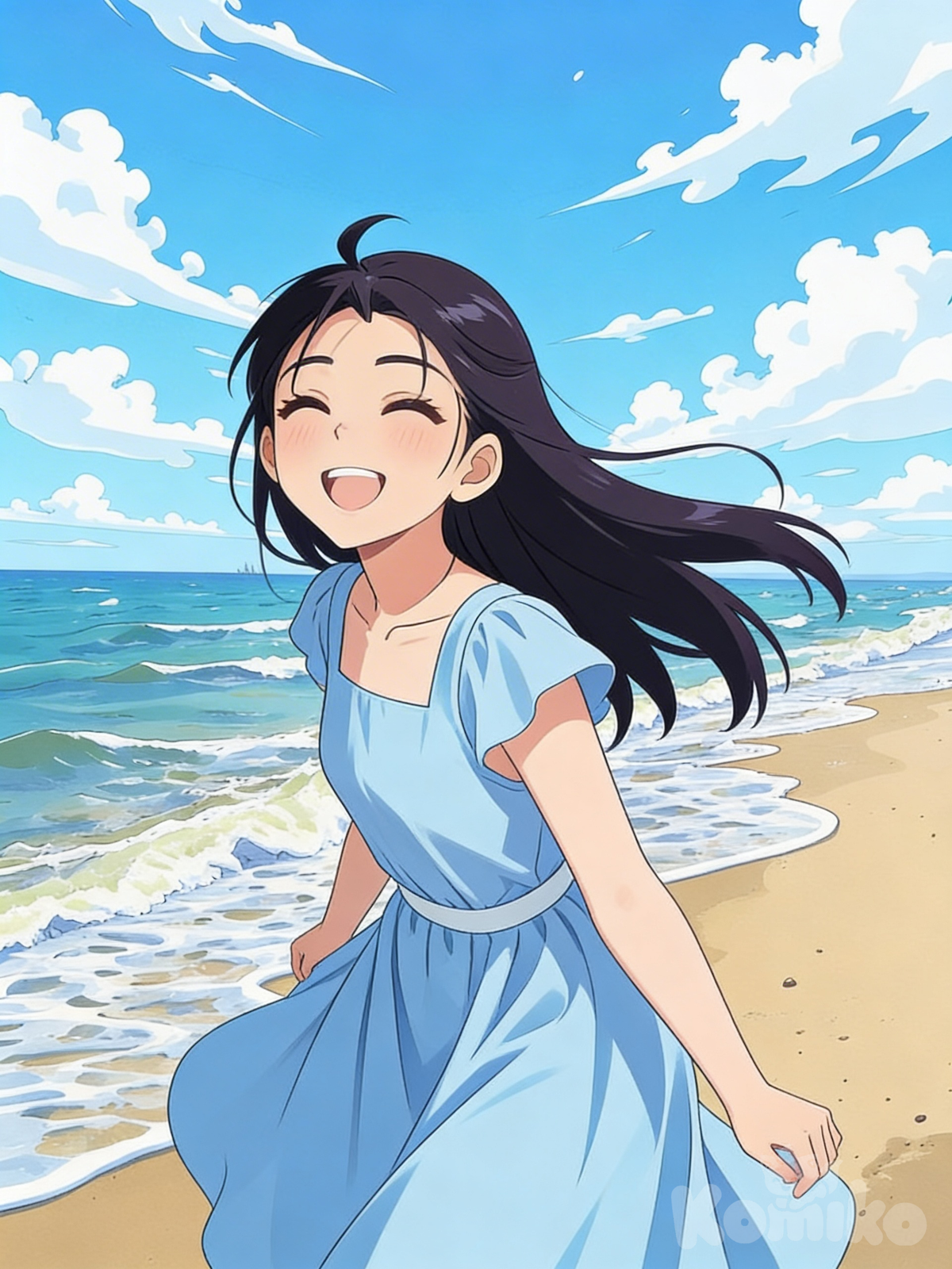 海滩欢笑少女奔跑