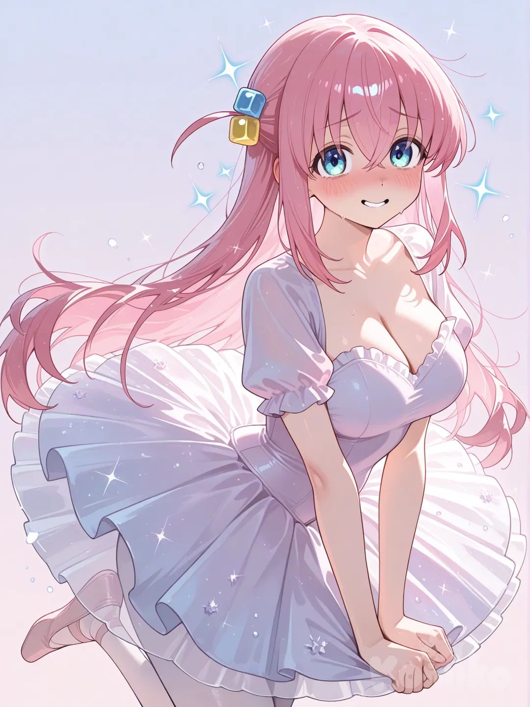 score_6_up, score_7_up, score_8_up, highly face, maximum resolution, soft, pastel, glowing, gotoh hitori, pink hair, long hair, hair between eyes, blue eyes, cube hair ornaments, <lora:tutu-ponyxl-lora-nochekaiser:1>, tutu, ballerina, ballet, ballet slippers, white pantyhose, embarrassed, face embarrassed, smile nervous, girl nervous,large breasts