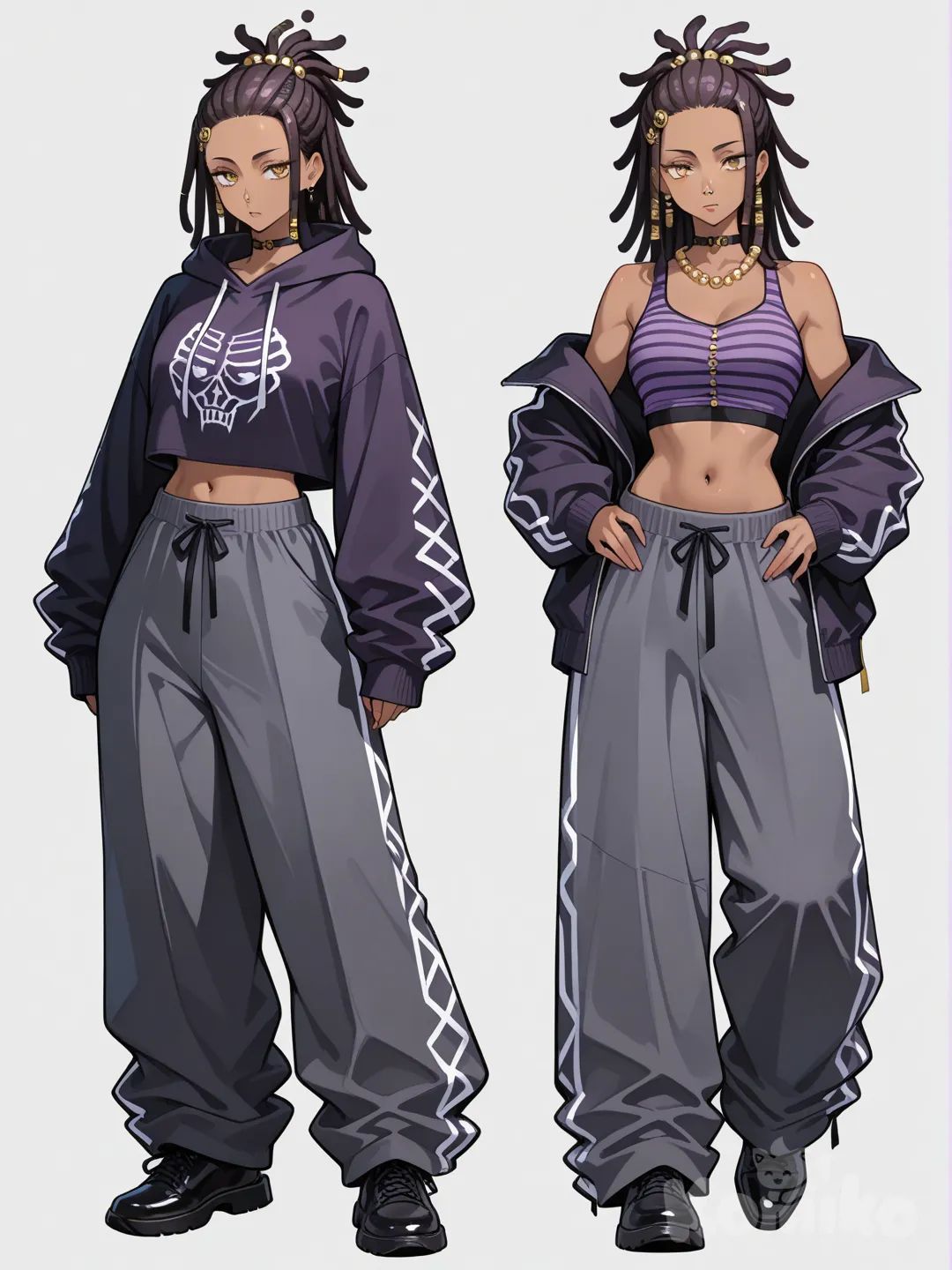 dark-skinned female, dreadlocks, golden pearls at tip of the dreadlocks, yellow eyes, oversized grey pants, purple crop top, black stripped oversized hoodie, one bare shoulder, nose piercing, style of Jujutsu kaisen, multiple views