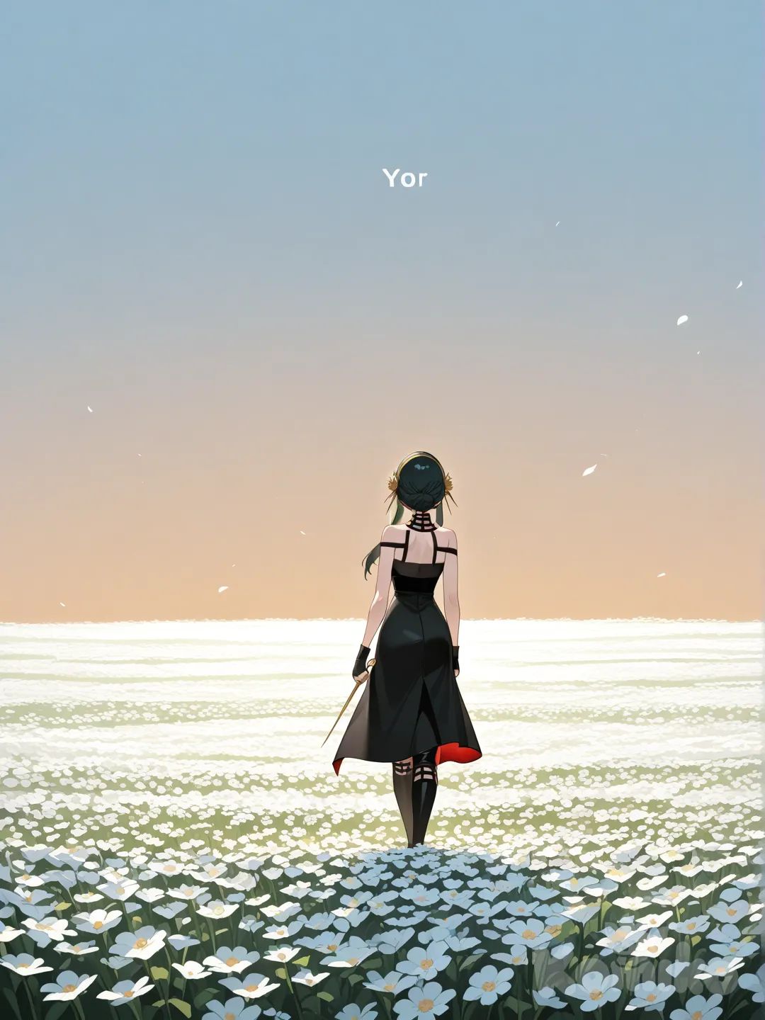 1girl, Yor Briar, gradient background, flower field, [glossy-anime-style]