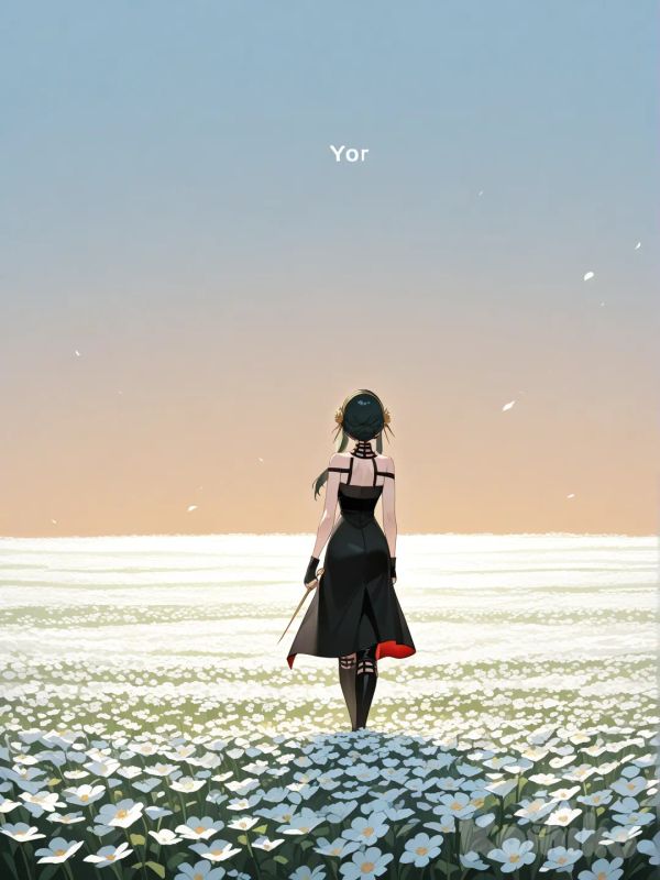 1girl, Yor Briar, gradient background, flower field, [glossy-anime-style]