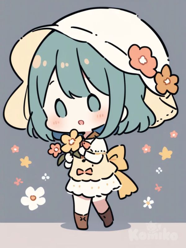 1girl, flower, by saku usako (rabbit), flat colors, chibi