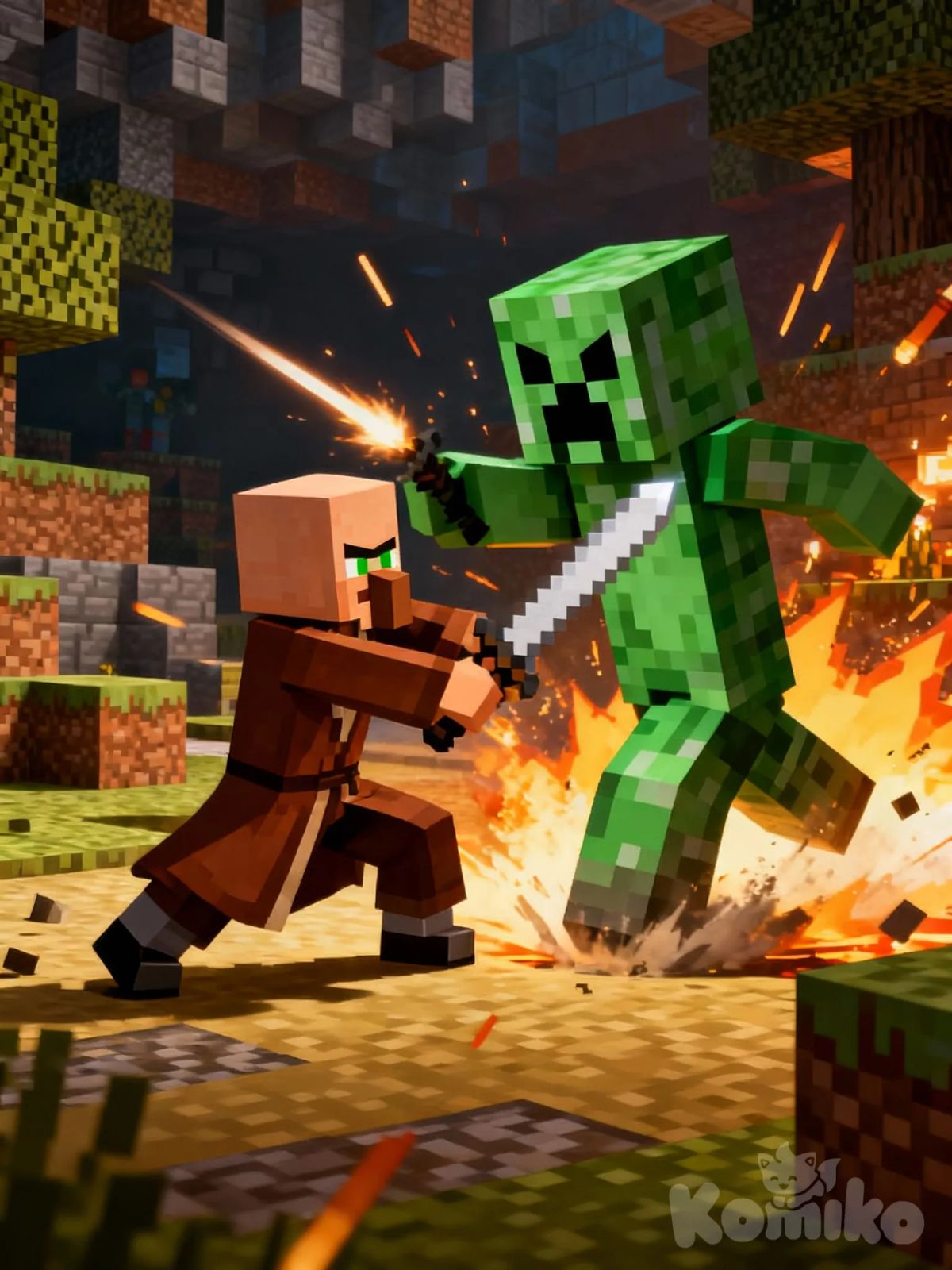 @Villager is fighting with @Creeper