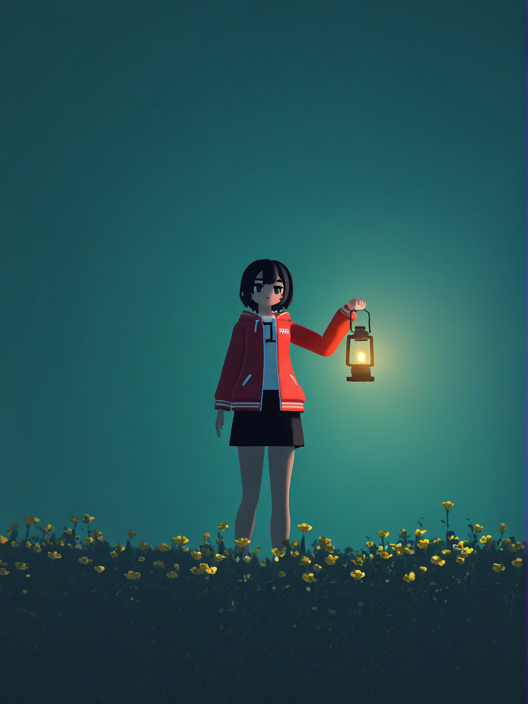 1girl, year 2025, solo, black hair, short hair, red jacket, black skirt, standing, pixel art, voxel art, 3d pixel art, lantern, glowing, warm light, flowers, yellow flowers, depth of field, bokeh, teal background, turquoise, atmospheric, cozy, nostalgic, fantasy, whimsical, miniature, steam, smoke, magical, night, evening, ambient lighting, dreamy, stylized, no text, [mmd-style]
