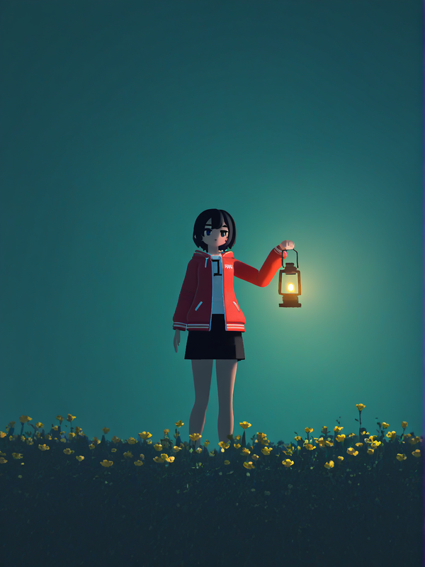 1girl, year 2025, solo, black hair, short hair, red jacket, black skirt, standing, pixel art, voxel art, 3d pixel art, lantern, glowing, warm light, flowers, yellow flowers, depth of field, bokeh, teal background, turquoise, atmospheric, cozy, nostalgic, fantasy, whimsical, miniature, steam, smoke, magical, night, evening, ambient lighting, dreamy, stylized, no text, [mmd-style]