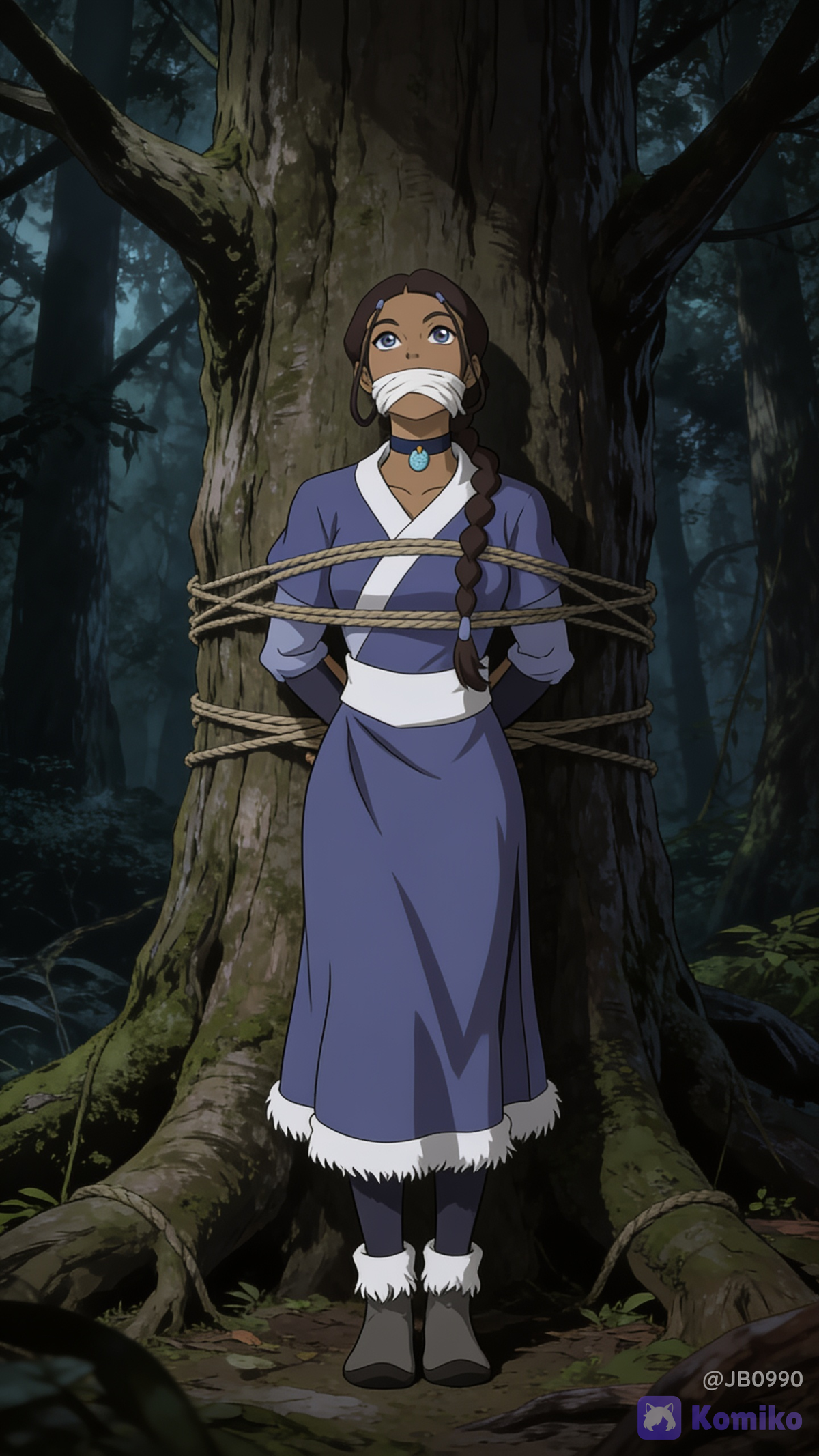Katara tied to a tree in the forest