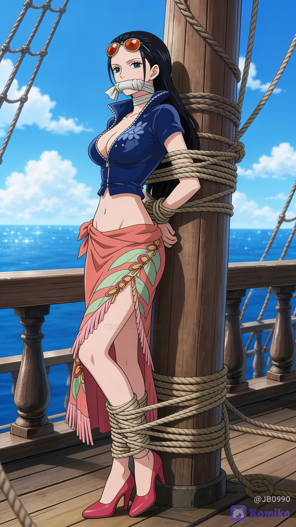 Nico Robin tied up gagged on the ship