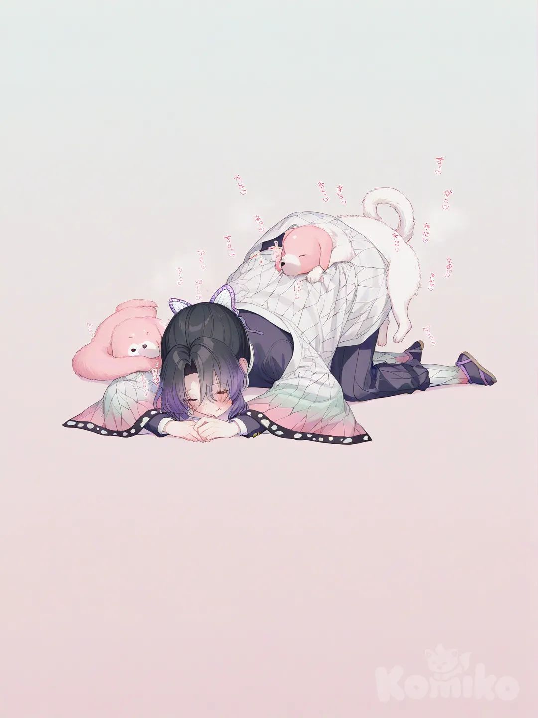 sex, Kochou Shinobu, Kanroji Mitsuri, [soft-pastel-style], full body, gradient background, clean background sex with animal