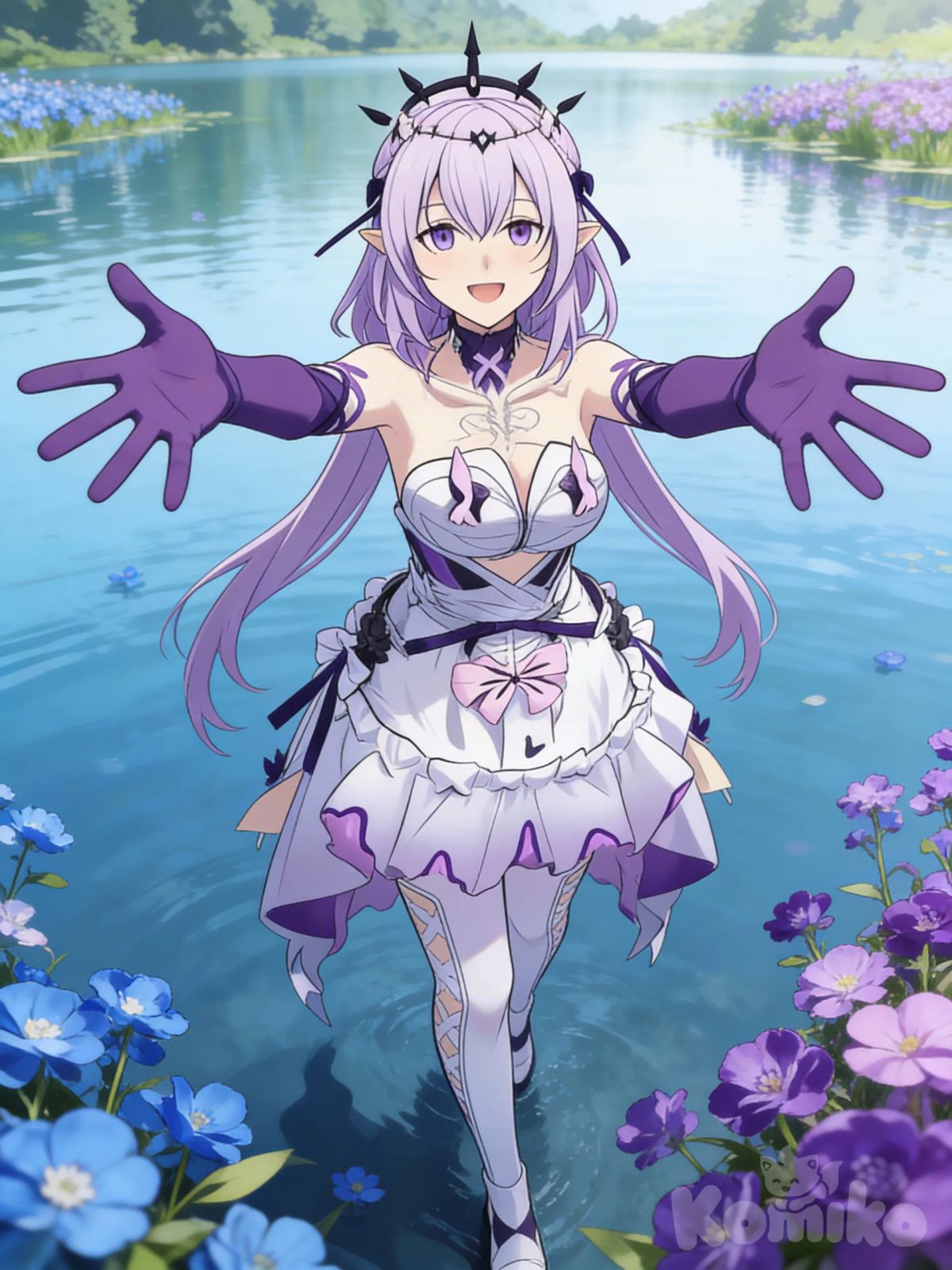 @castorice-honkai-star-rails-xoQb, walking, on the lake with blue and purple flowers, looking at viewer, happy, extend arms, hands open, upper body, closeup