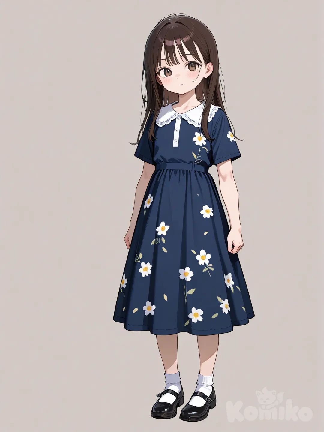 Draw a 9-year-old girl with long, straight, brunette hair and a slightly muscular build, Wearing a long, dark blue floral dress.