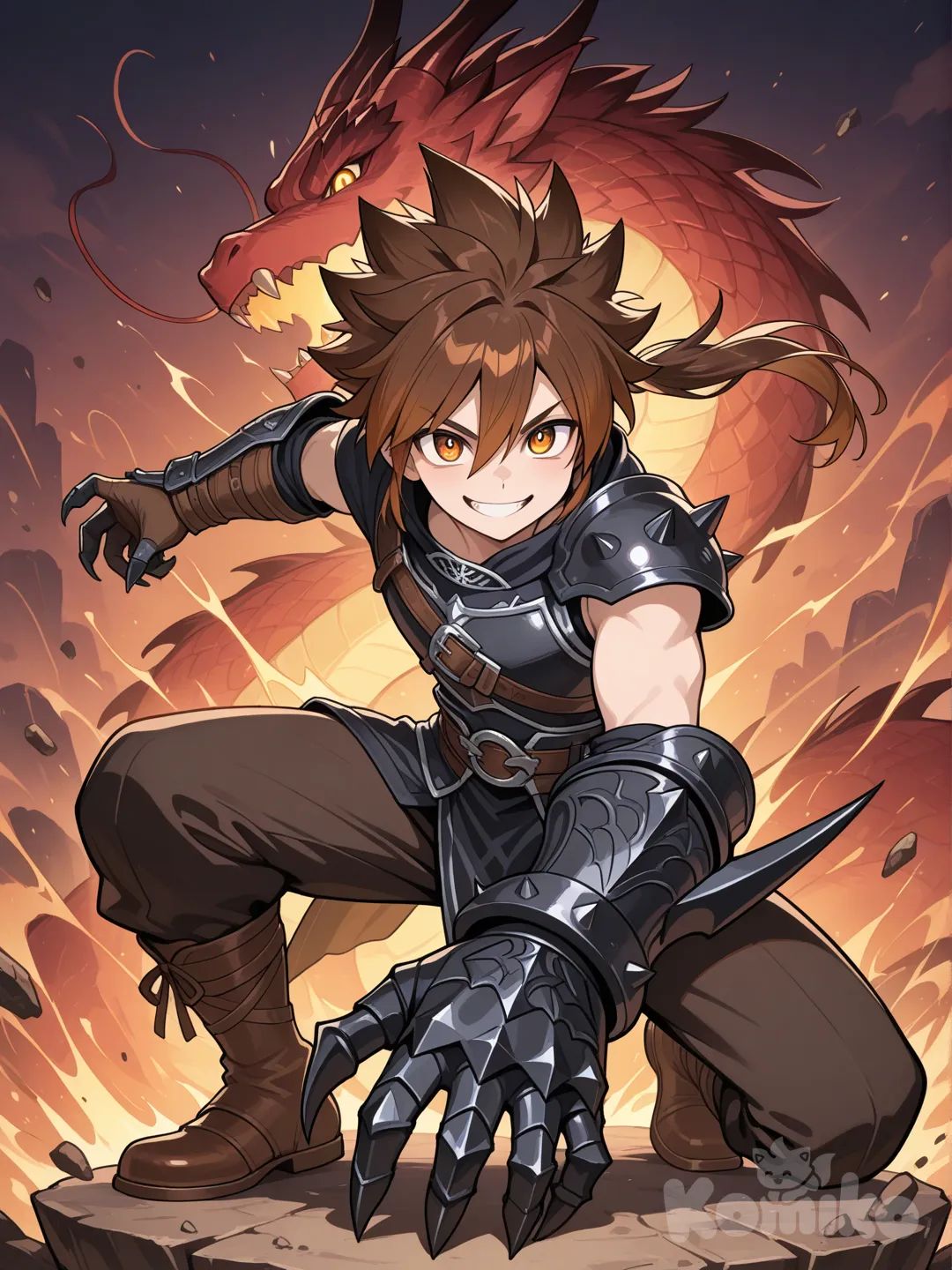 Un chico adolescente, con el cabello medio parado, con una cola de caballo en el cabello de color marrón, rostro muy alegre, con un arma de garras en el brazo derecho, con una pose epica, tiene una sombra de dragón poderoso