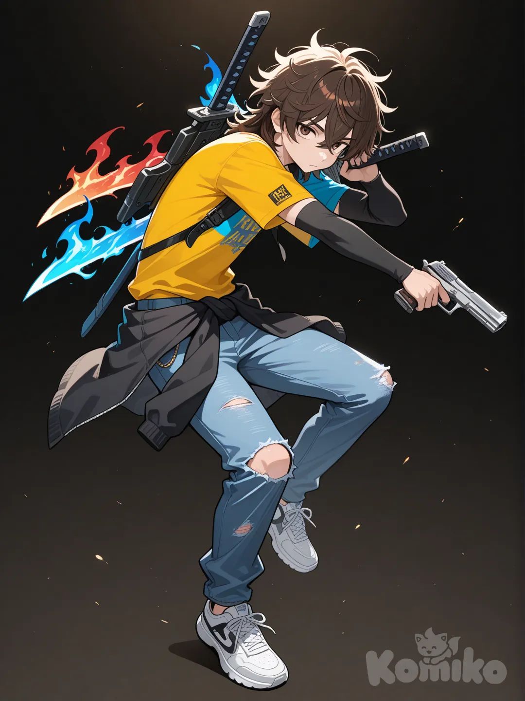 Un chico adolescente, cabello medio corto desordenado y puntiagudo de color café, ojos de color café, con camisa manga corta, las mangas son de color negro y el resto es gris, jeans de color azul oscuro, con dos espadas de fuego en la espalda, uno de fuego rojo y otro de fuego azul, con dos pistolas en la mano, zapatos deportivos viejos y poquito rotos, con una camisa manga larga atada en su cintura de colores azul, amarillo y negro
Cuerpo atlético