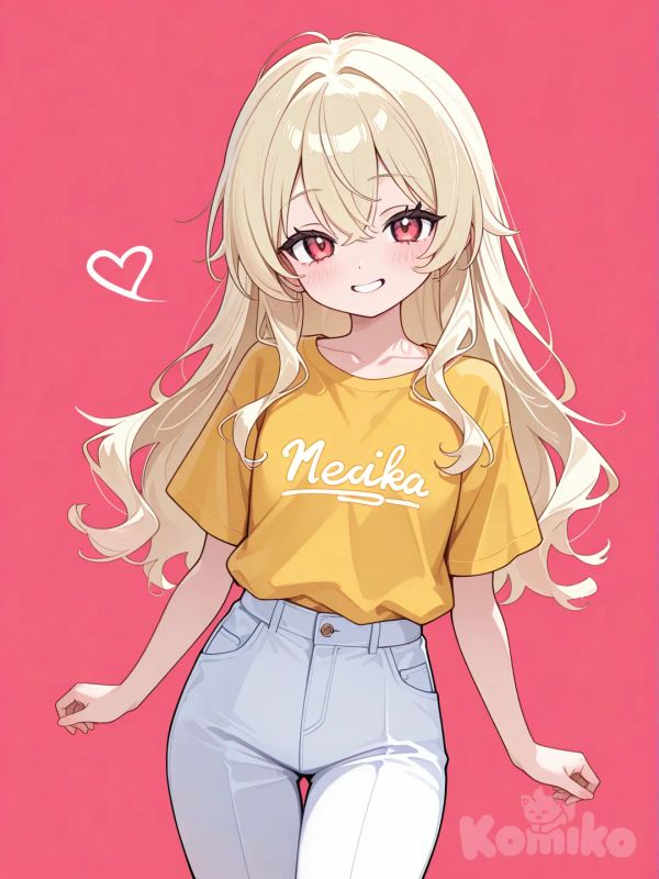 Gadis, lucu, imut, nakal, tersenyum, mata merah, memakai kaos polos, warna kaosnya kuning, memakai celana panjang, warna celananya putih