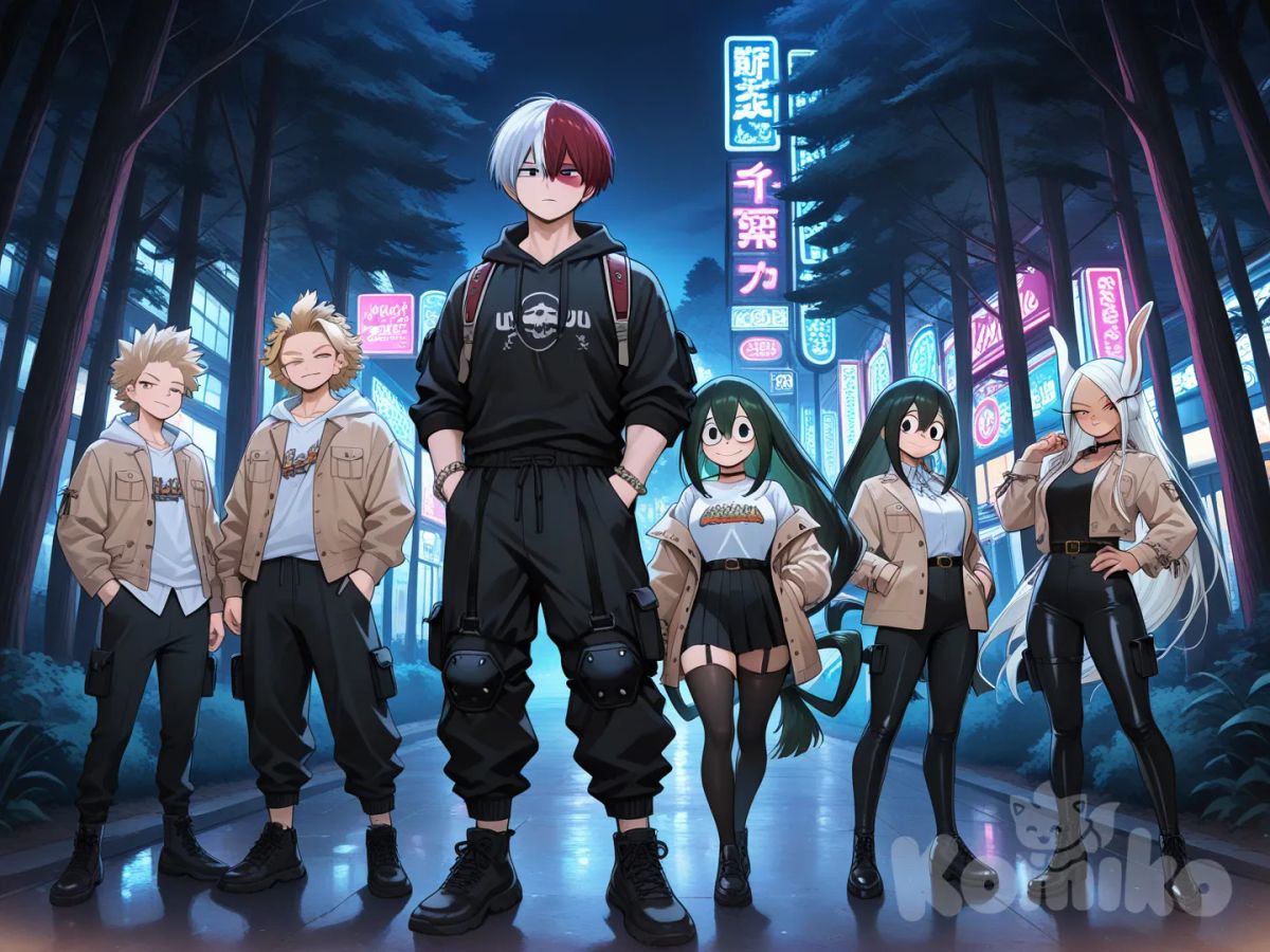 @Togata_Mirio, @Eraser_Head_(Boku_No_Hero_Academia), @Todoroki_Shouto, @Yaoyorozu_Momo, @Asui_Tsuyu, @Bakugou_Katsuki, @Kaminari_Denki, @Hawks_(Boku_No_Hero_Academia), @Mirko, looking at viewer, ultra-wide shot, full body, neon lights, forest