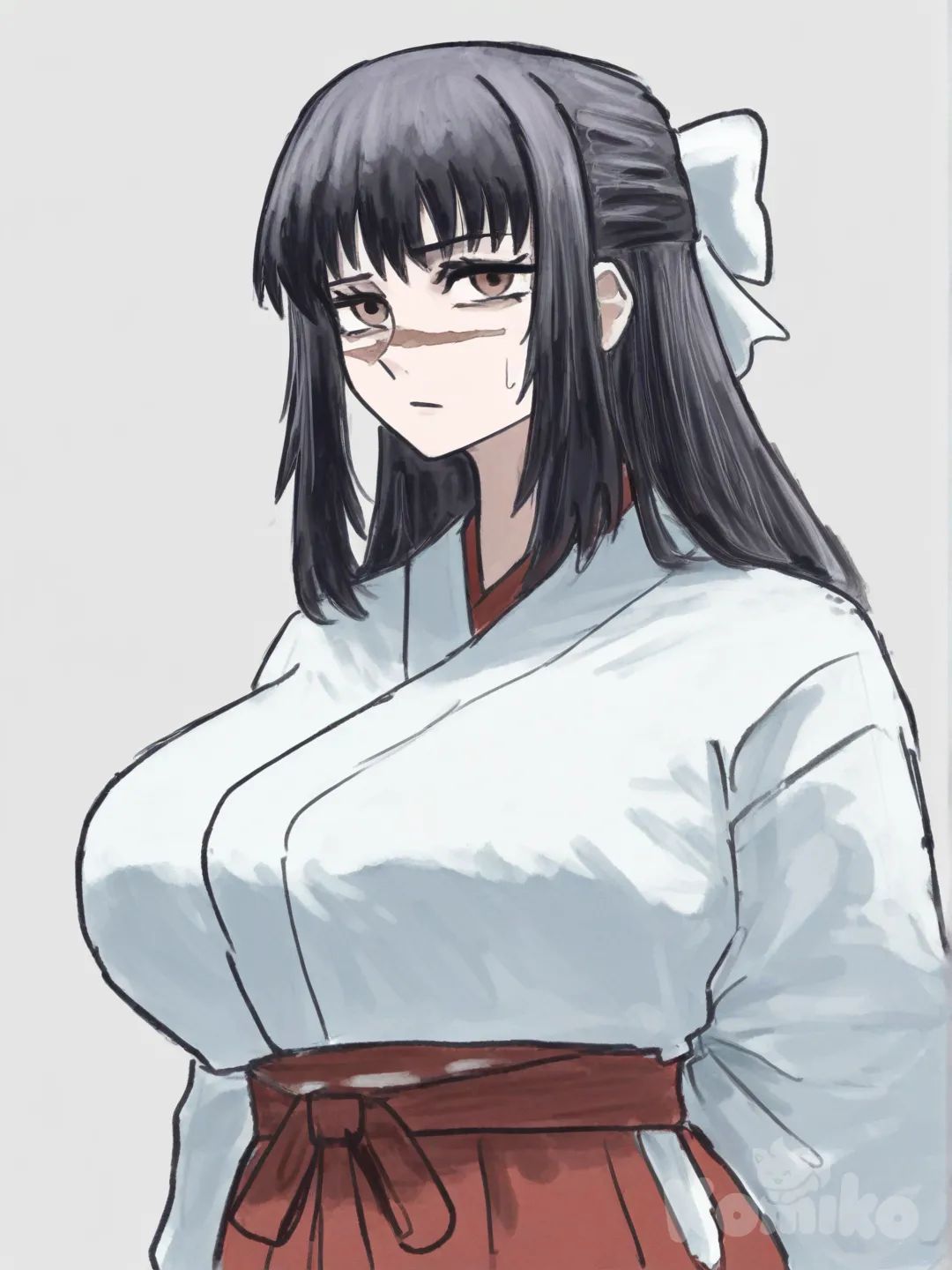 iori utahime, jujutsu kaisen, 1girl, brown eyes, black hair, long hair, hair bow, scar on face, white kimono, long sleeves, miko, miko, red hakama, [sketchy-painterly-style]