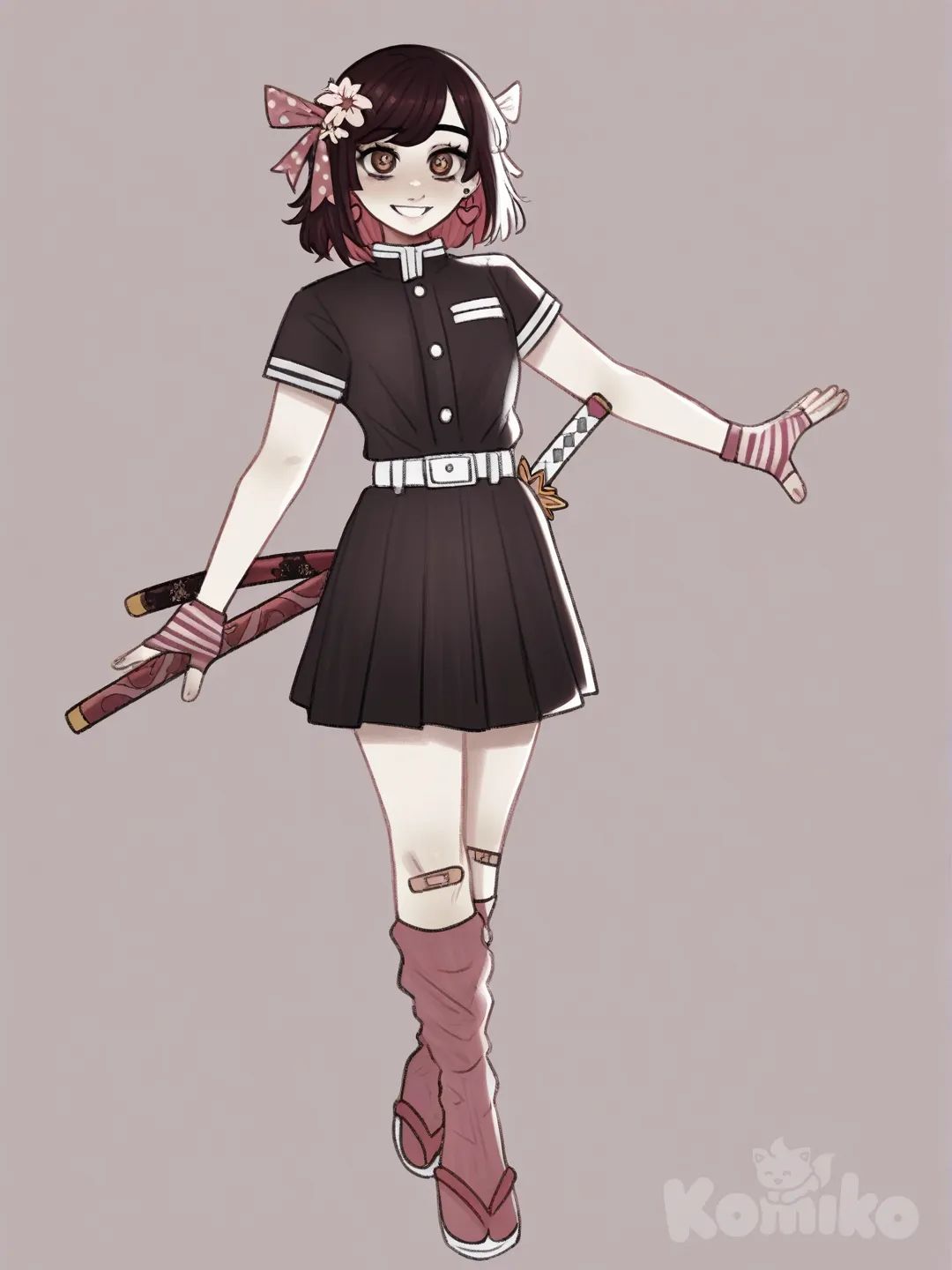 demon_slayer_uniform, belt, pleated_skirt, pink_socks, sandals, katana, solo, androgynous, cute girl, full body, curvy, pale_skin, brown eyes, gradient eyes, brown hair, pink_colored_inner_hair, medium hair, bob cut, white outfit, white_background, soft lighting, smile, swept bangs, hair_flower, small, short, happy, hair ribbon, polka_dot_hair, band-aid, Human ears, heart earrings, striped gloves, star-shaped pupils, human, girl, Demon slayer_uniform, high resolution, [soft-shaded-moe-style]