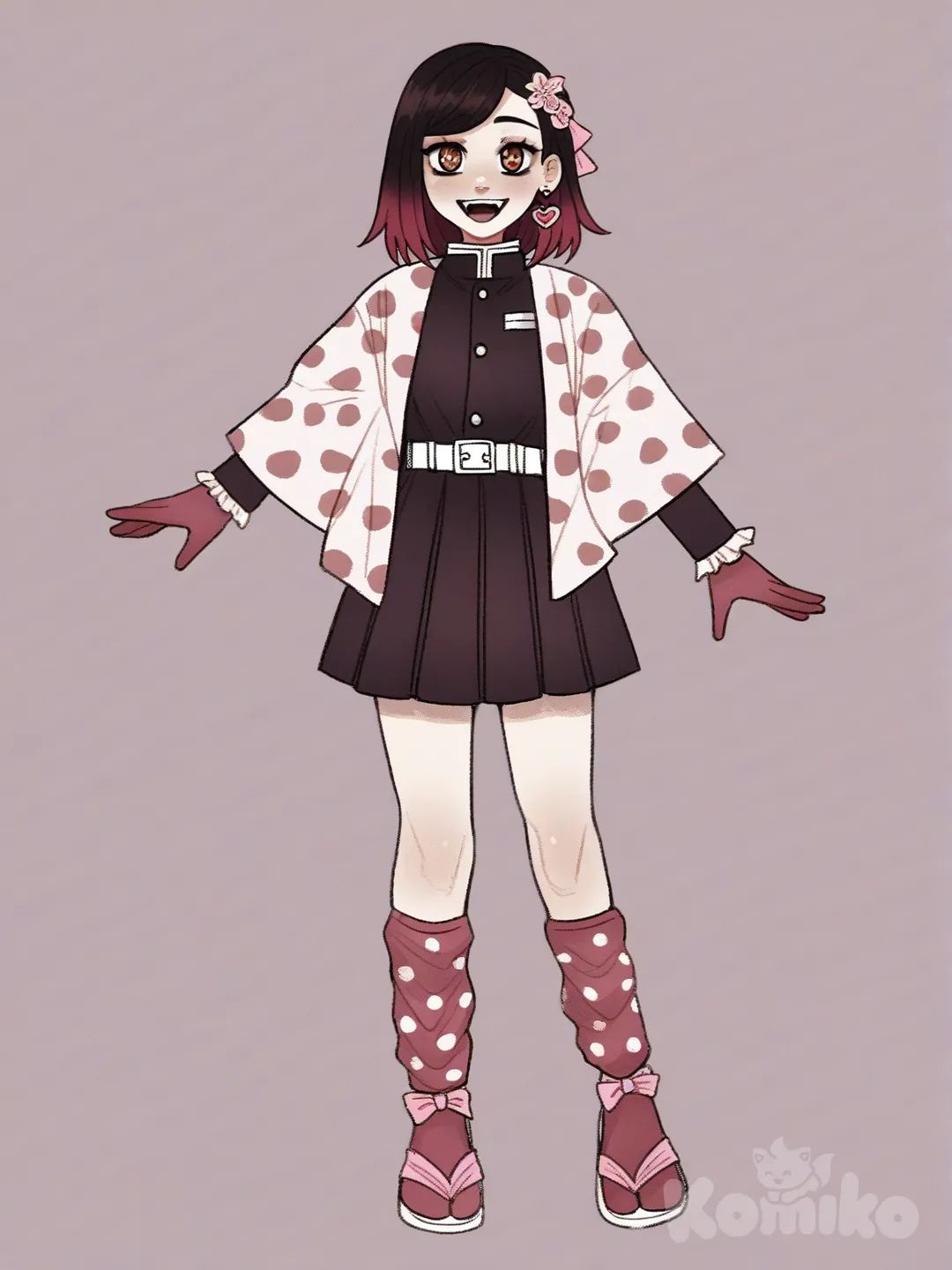 1girl, demon slayer oc, petite, cute, pale skin, full-body pose, white background, brown,medium-length hair, bob cut, swept bangs, pink inner hair, gradient brown eyes, star-shaped pupils, pink bow hairclip, flower accessory, hair ribbon, smiling happily, demon slayer uniform, white jacket, belt, white shirt, pleated skirt, pink socks, sandals, frilled gloves, heart-shaped earrings, fox mask, soft lighting, intricate details, polka-dot hair pattern, high resolution, ultra-(detailed_hands:1.5), (clothes: demon corps uniform), [soft-shaded-moe-style]