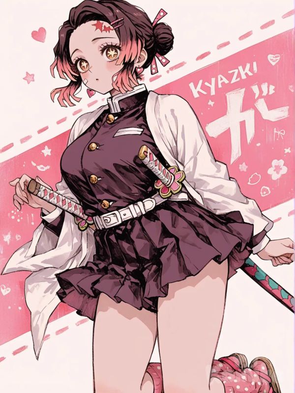 1girl, demon slayer, kimetsu no yaiba, kny art style, solo, brown hair, brown eyes, hair ornament, pink bow, polka dot bow, hairclip, sandals, pink socks, heart earrings, slayer mark on her forehead, katana, demon slayer uniform, skirt, belt, short hair and hair bun, swept bangs, star pupils, gradient pink hair, band-aid, high resolution, [sweet-painting-style]
